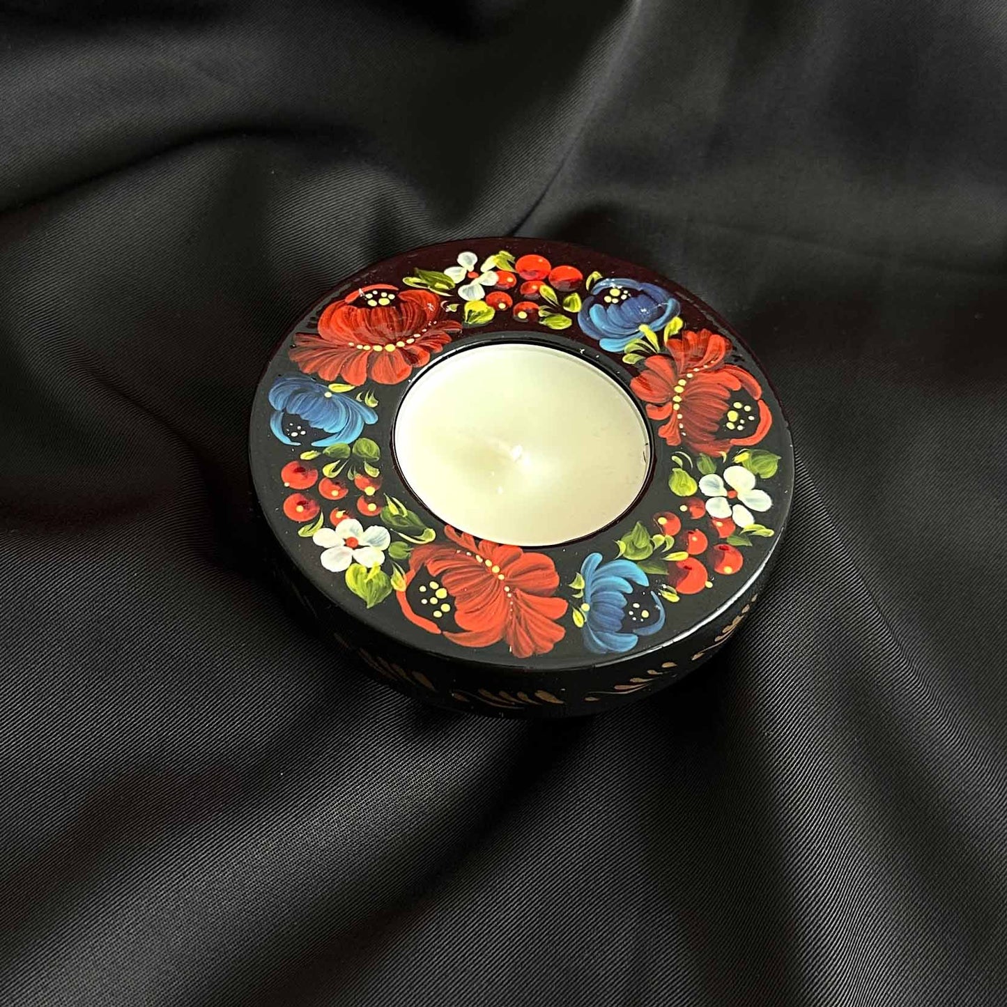 Ukrainian Wooden Candlestick with Handmade Painting Petrikivka