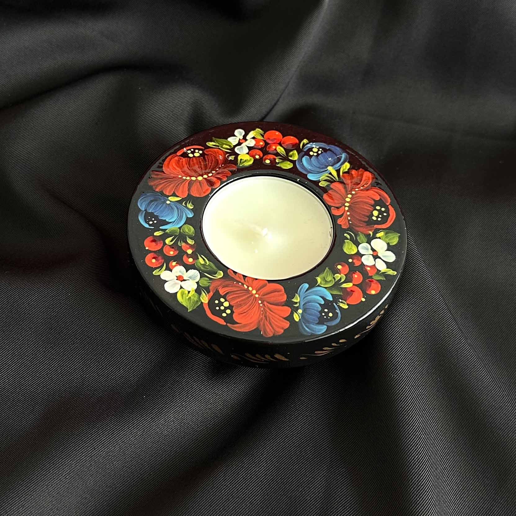 Ukrainian Wooden Candlestick with Handmade Painting Petrikivka