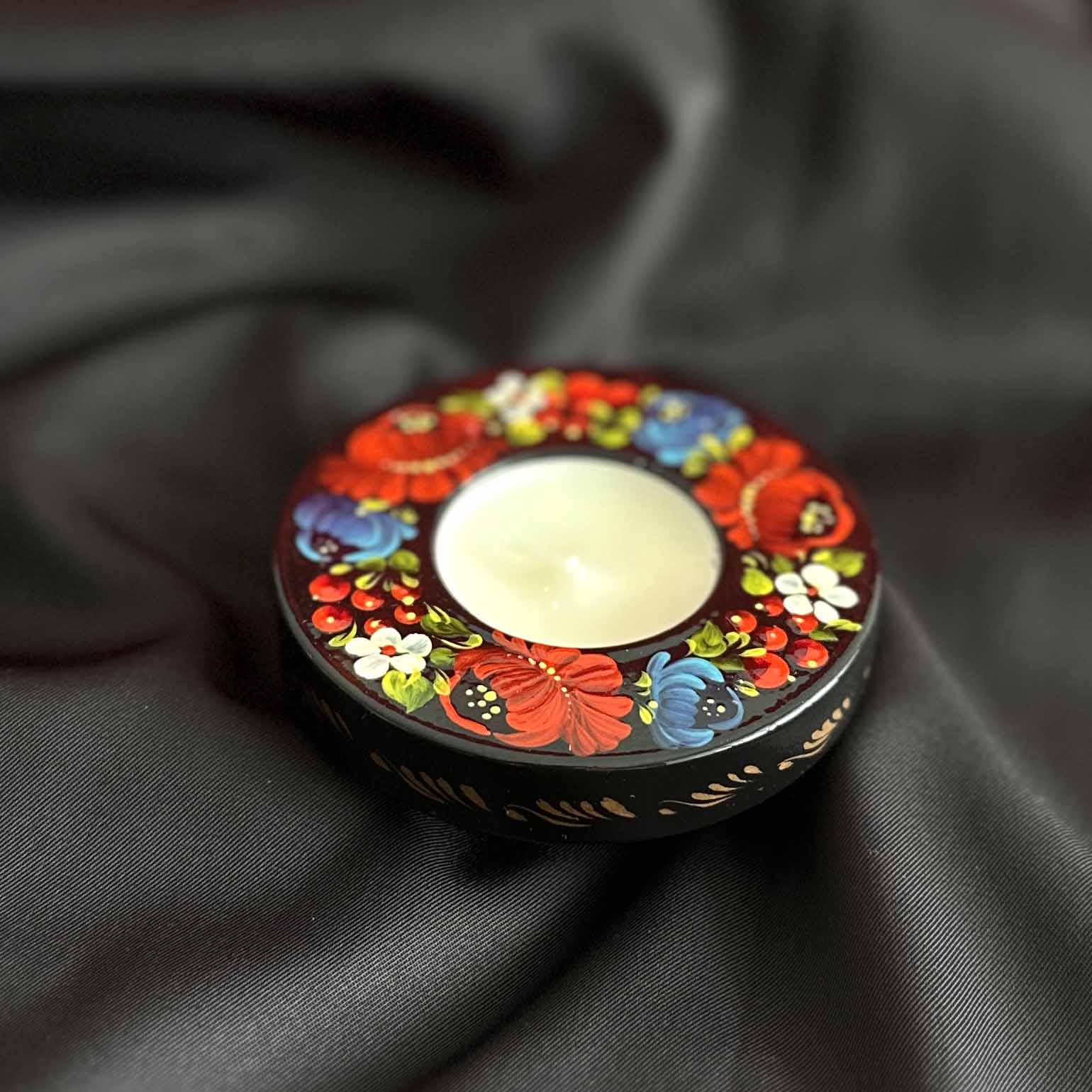 Ukrainian Wooden Candlestick with Handmade Painting Petrikivka
