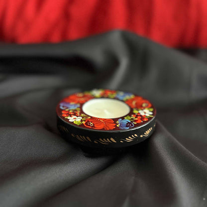 Ukrainian Wooden Candlestick with Handmade Painting Petrikivka