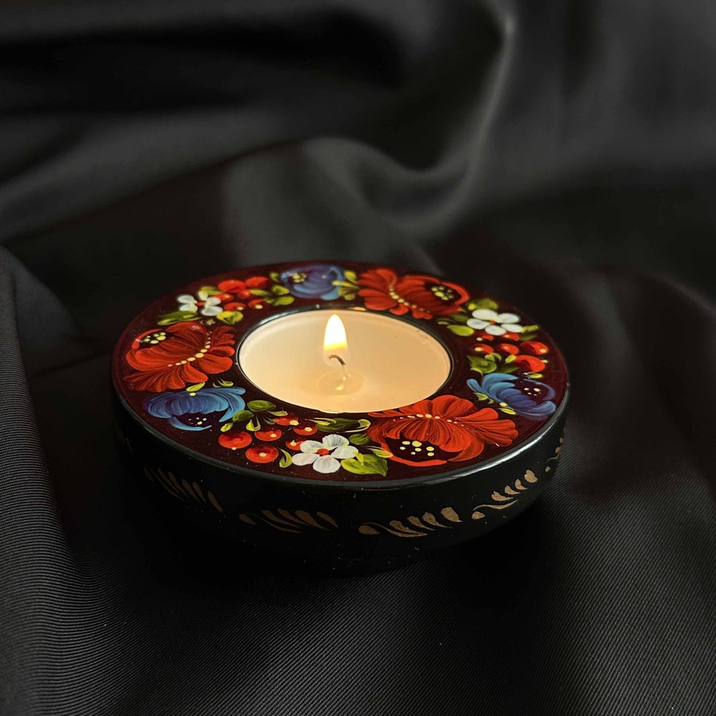 Ukrainian Wooden Candlestick with Handmade Painting Petrikivka