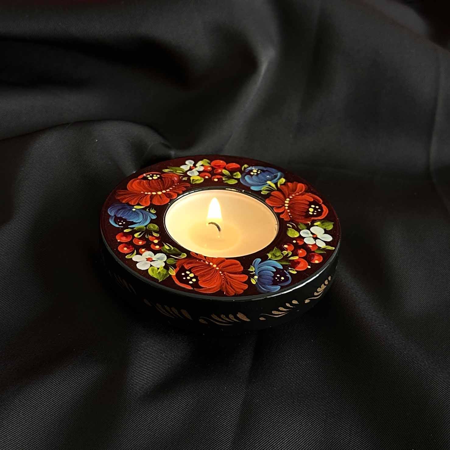 Ukrainian Wooden Candlestick with Handmade Painting Petrikivka