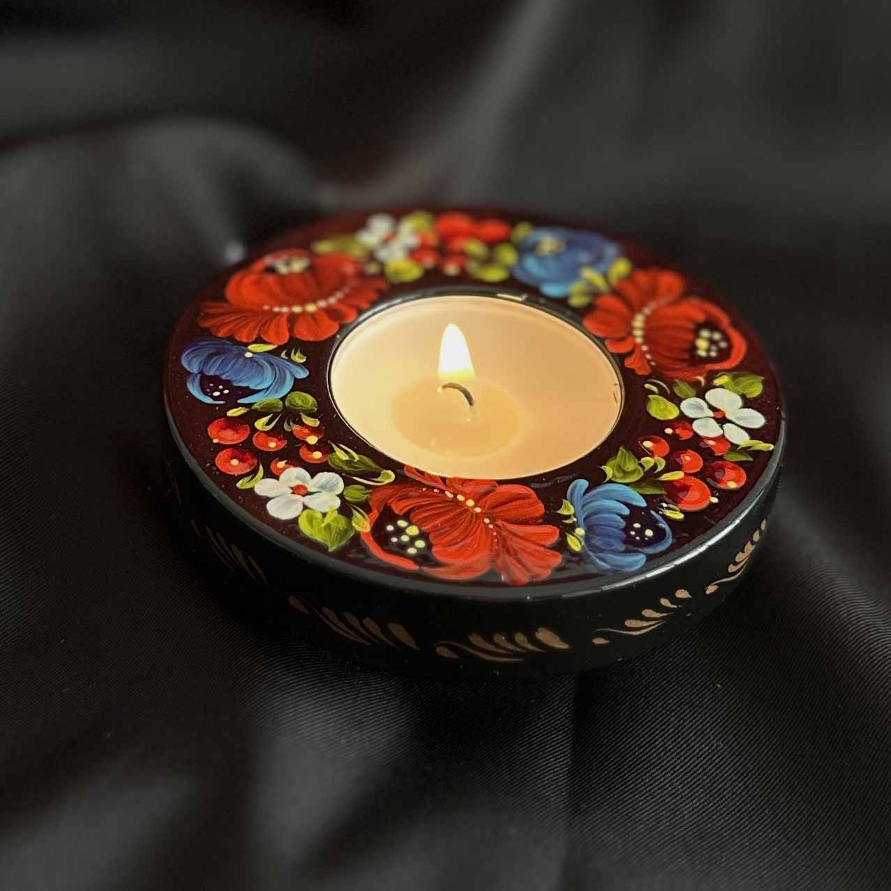 Ukrainian Wooden Candlestick with Handmade Painting Petrikivka