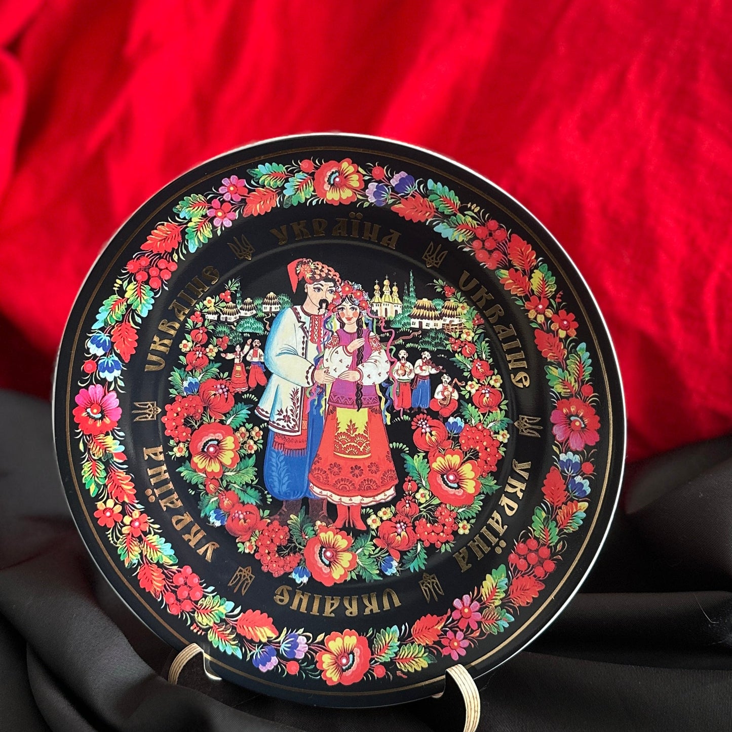 Ukrainian Ceramic Plate Panel Petrykivka Painting Сouple of Lovers