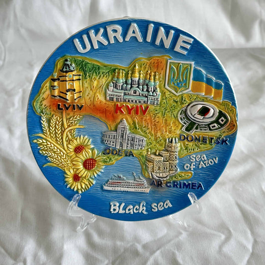 Ukranian Ceramic Plate Panel Map of Ukraine Collage Painting 