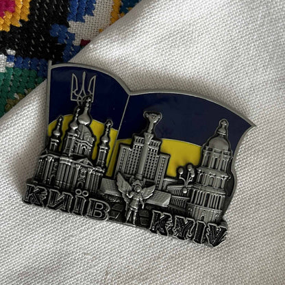 Ukrainian Fridge Magnet Metal 3 D Collage of Sights of Kyiv and Flag of Ukraine