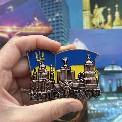 Ukrainian Fridge Magnet Metal 3D Collage of Sights of Kyiv and Flag of Ukraine
