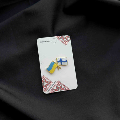 Ukrainian Metal Badge Pin "Ukraine + Finland Friendship Flags"