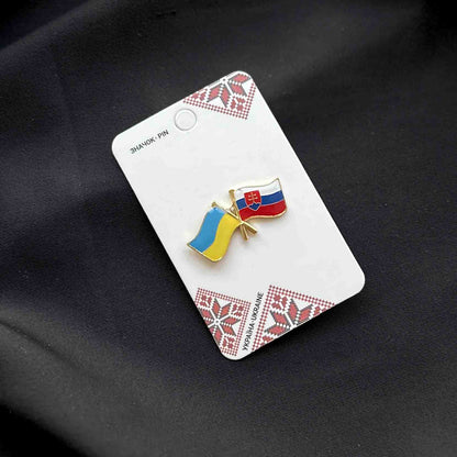 Ukrainian Metal Badge Pin "Ukraine + Slovakia Friendship Flags"