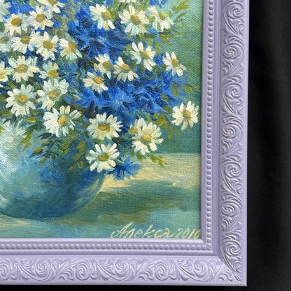 Peinture à l'huile ukrainienne « Soucis », boîte en bois vintage, toile sur panneau dur, 26 x 30 cm