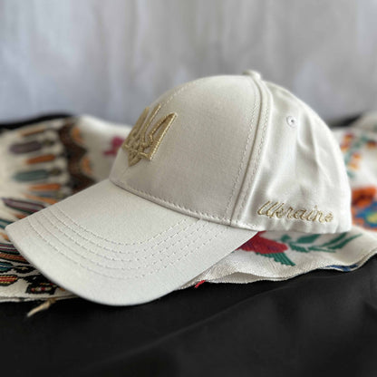 Ukrainian White Cap with Gold Embroidery Trident UA Size: 56 - 58