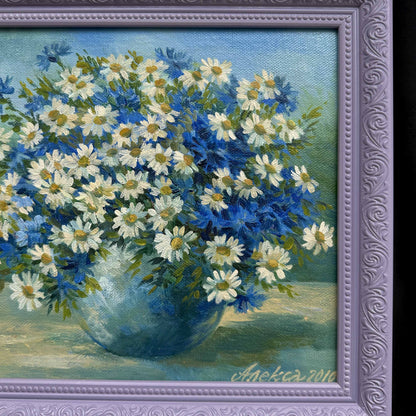 Peinture à l'huile ukrainienne « Soucis », boîte en bois vintage, toile sur panneau dur, 26 x 30 cm
