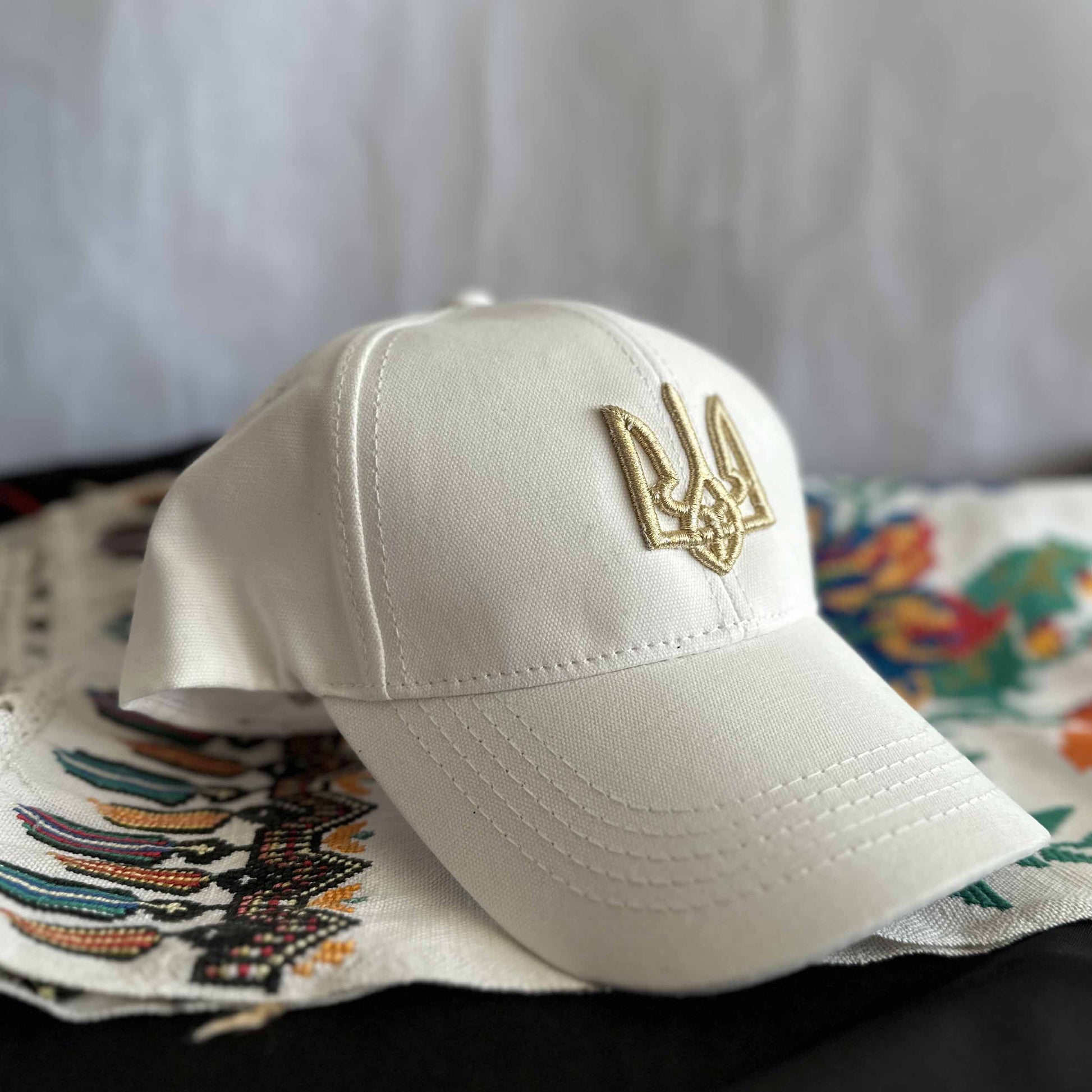 Ukrainian White Cap with Gold Embroidery Trident UA Size: 56 - 58