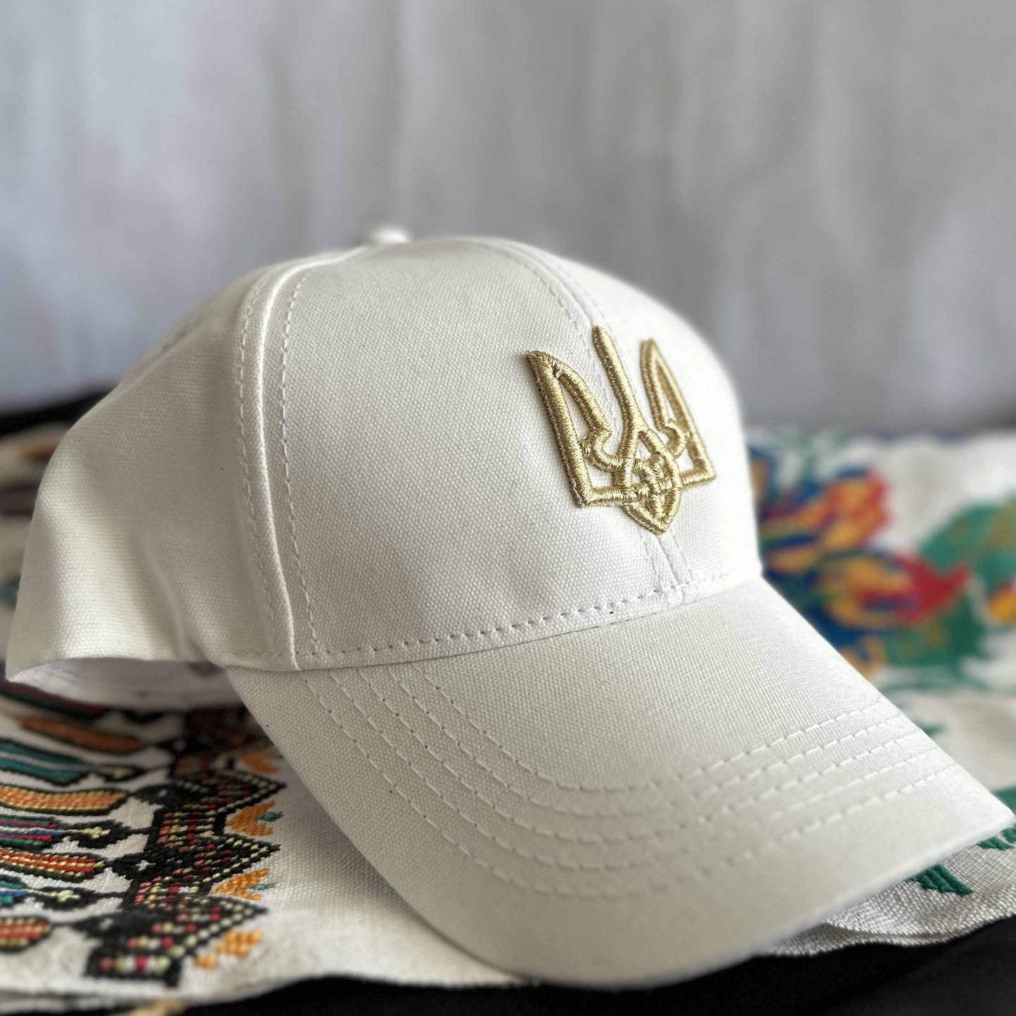 Ukrainian White Cap with Gold Embroidery Trident UA Size: 56 - 58