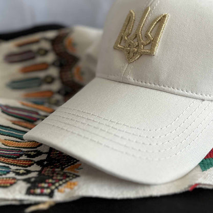 Ukrainian White Cap with Gold Embroidery Trident UA Size: 56 - 58