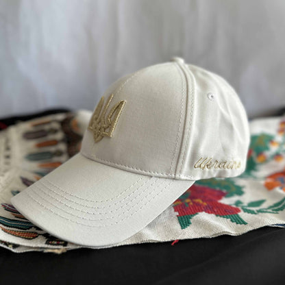 Ukrainian White Cap with Gold Embroidery Trident UA Size: 56 - 58