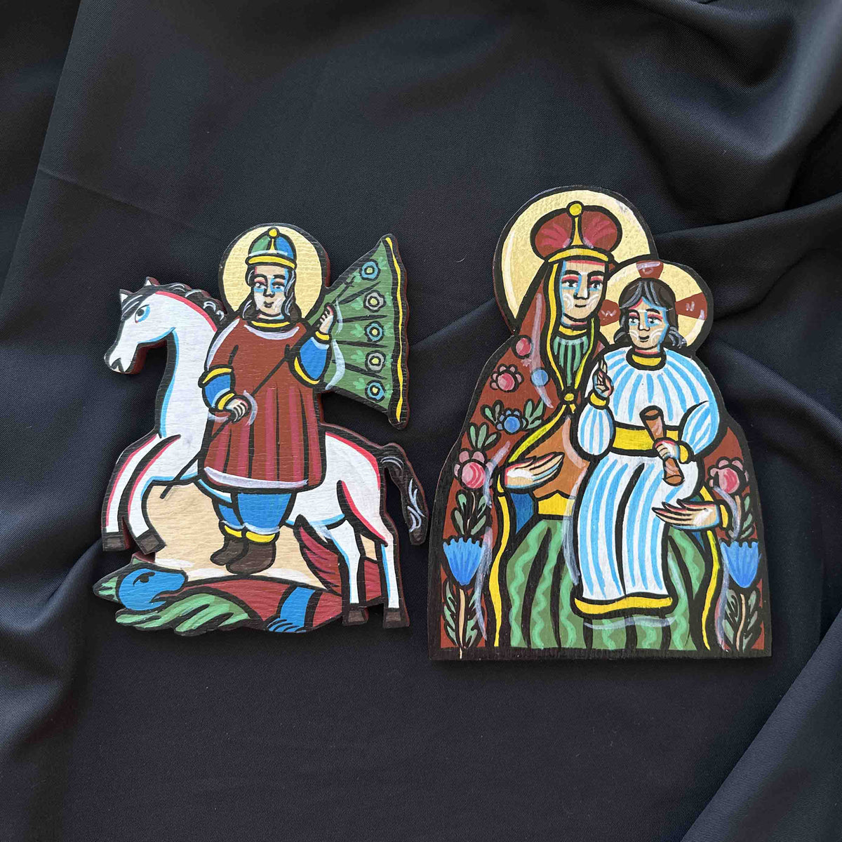 Ukrainian Diptych Traditional Hutsul Wooden Icon Handmade with Stands