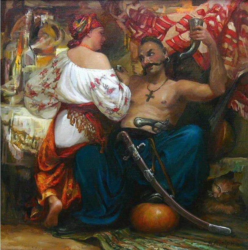 Ukrainian Folk Art Painting Wood Panel "Cossack and Girl" Ethno of Ukraine