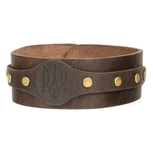 Ukrainian Brown Leather Wide Bracelet "Trident" Stand with Ukraine