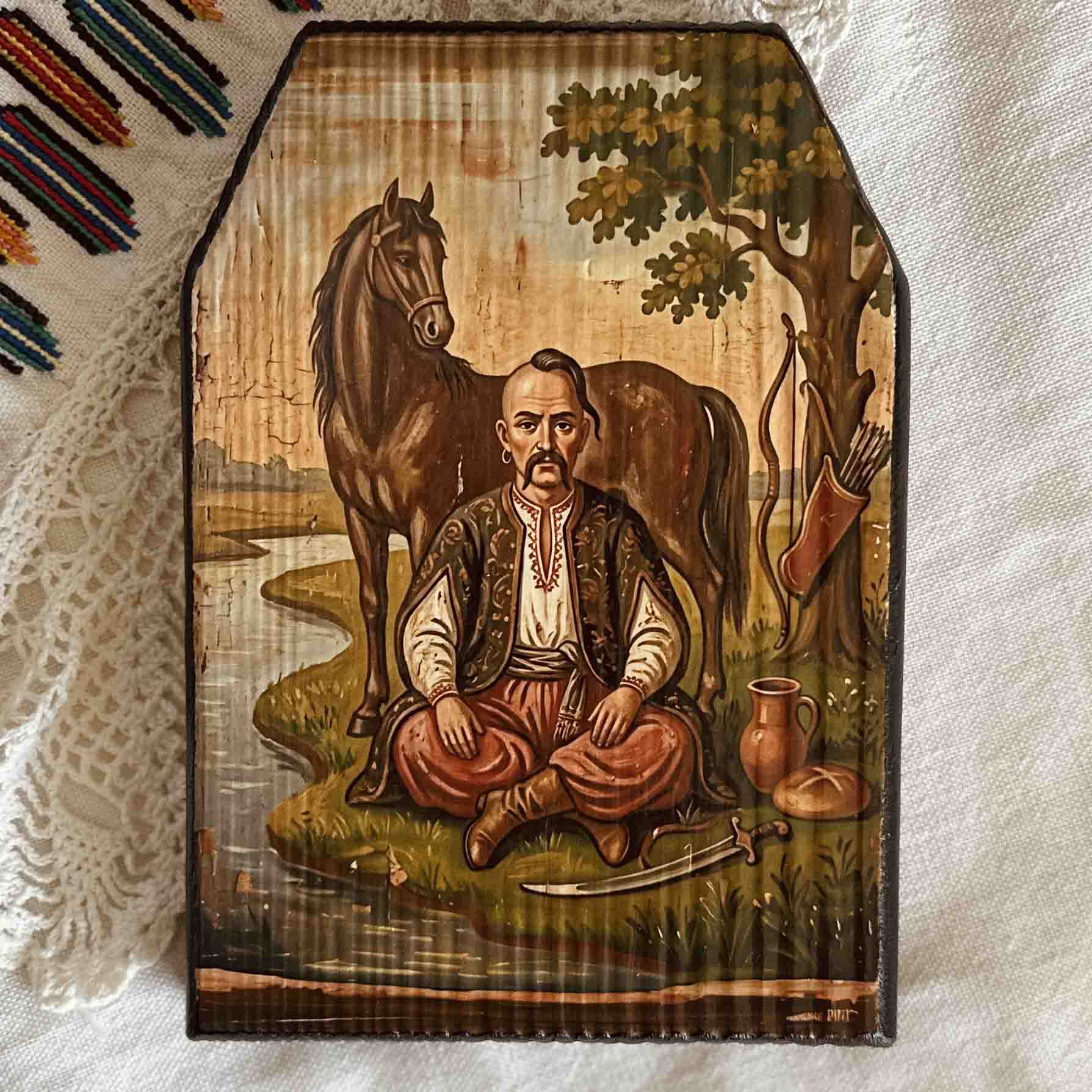 Ukrainian Folk Art Painting Wood Panel "Cossack Mamai" Ethno Symbol of Ukraine