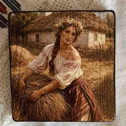 Ukrainian Folk Art Painting Wood Panel "Ukrainian Girl at Work" Ethno Art