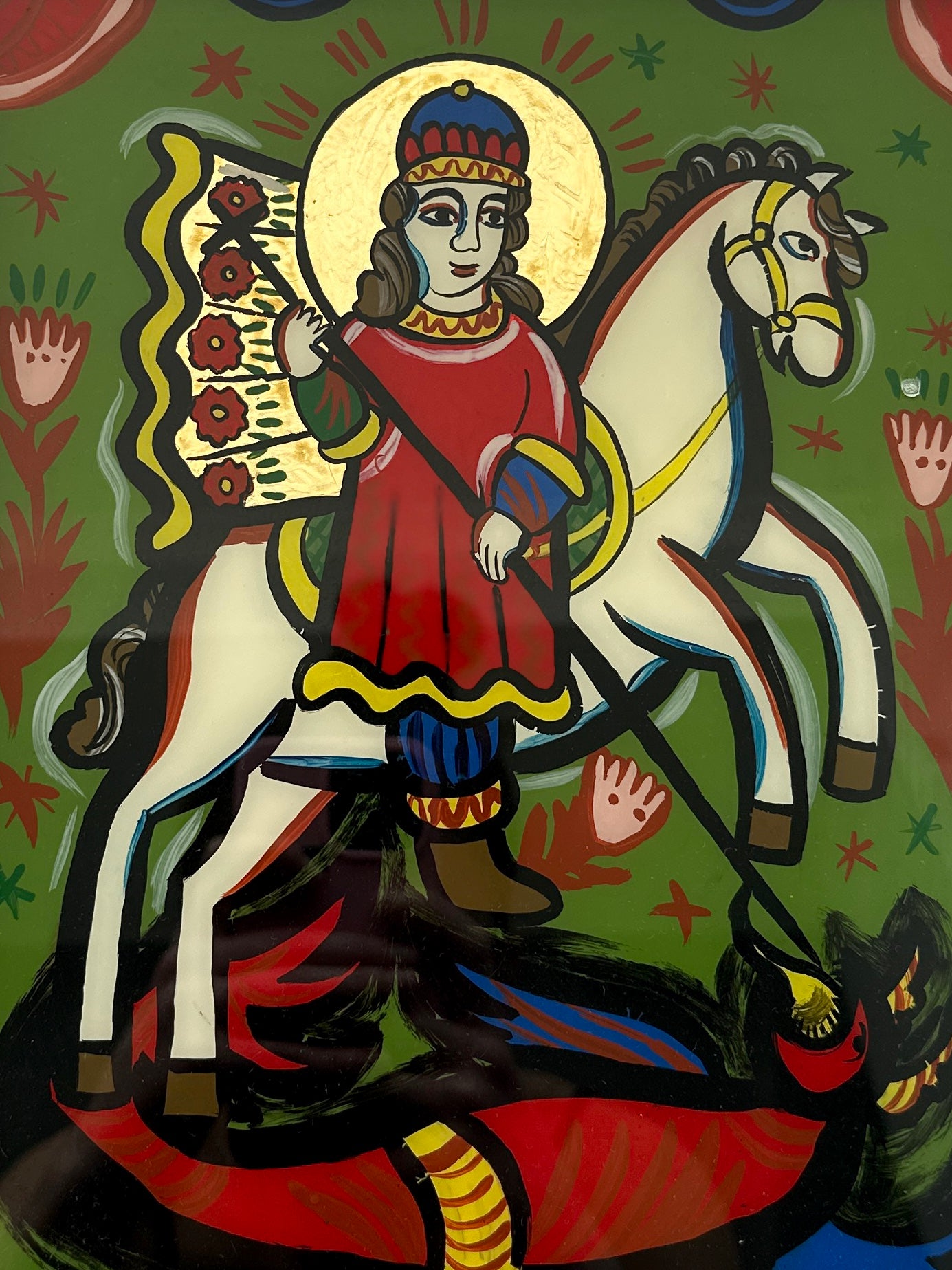 Ukrainian Gutsul Art Hand Painted Icon on Glass Wood Frame St George Victorious