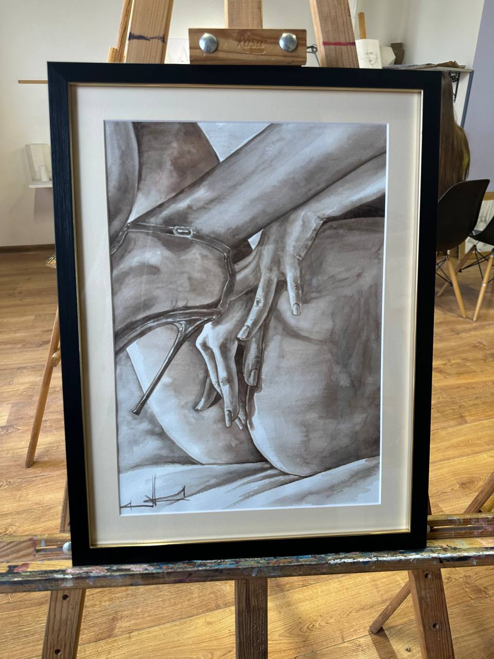 Ukrainian Nude Art Painting Watercolor "Elegance" Framed Passe Partout Glass