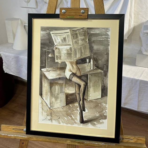 Ukrainian Nude Art Painting Watercolor "Newspeak Framed Passe Partout Glass
