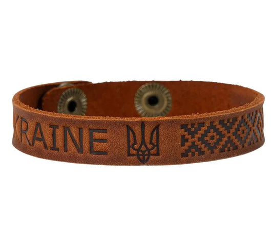 Ukrainian Partiotic Leather Bracelet "Trident with Ornament"
