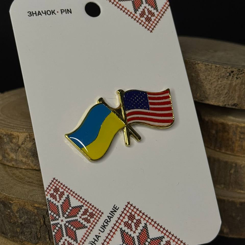 Ukrainian Pin Ukraine + USA Metal Badge Button Pin