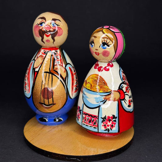 Ukrainian Souvenir Wood Сouples Figurines Traditional Cloth Hand-Painted