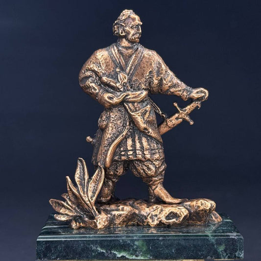 Ukrainian Statuette Cossack with a Cradle Copper Stand Indian Marble