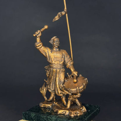 Ukrainian Statuette Cossack with a War Drum Copper Stand Indian Marble