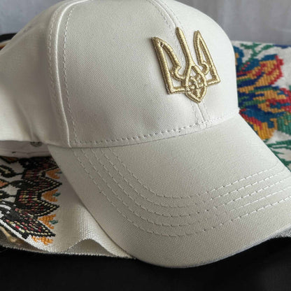 Ukrainian White Cap with Gold Embroidery Trident UA Size: 56 - 58