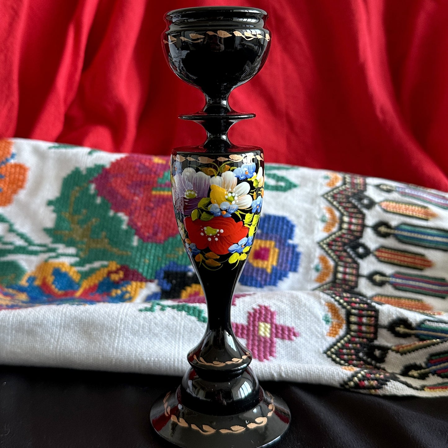 Ukrainian Wooden Candlestick with Handmade Painting Petrikivka (170 mm) 02-041