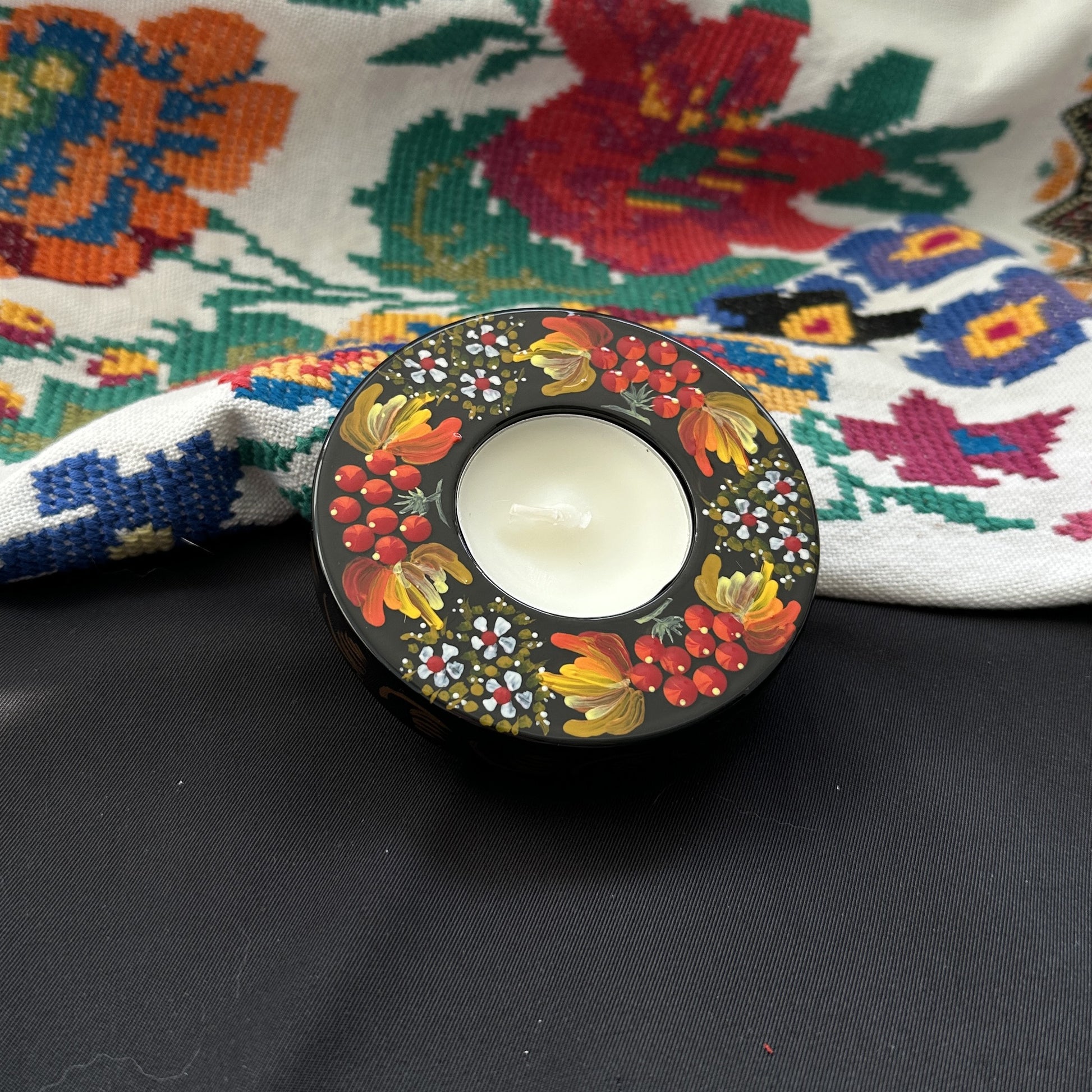 Ukrainian Wooden Candlestick with Handmade Painting Petrikivka (85 mm) 05-171