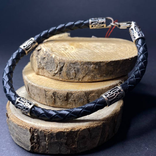 Ukranian Black Leather Men Bracelet Trident of Uraine Silver 925