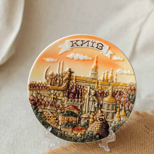 Ukranian Ceramic Plate Panel Collage of Kyiv Painting Handmade 3D