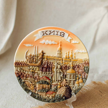 Ukranian Ceramic Plate Panel Collage of Kyiv Painting Handmade 3D
