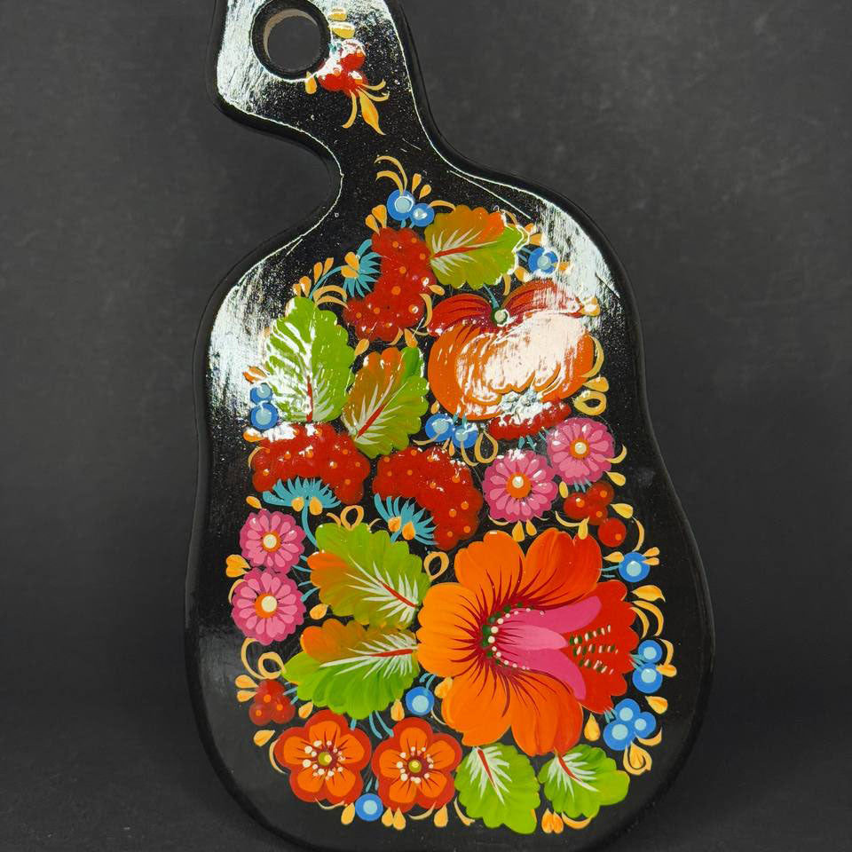 Ukranian Cutting Board with Petrykivka Painting Handmade Wood Small Pear