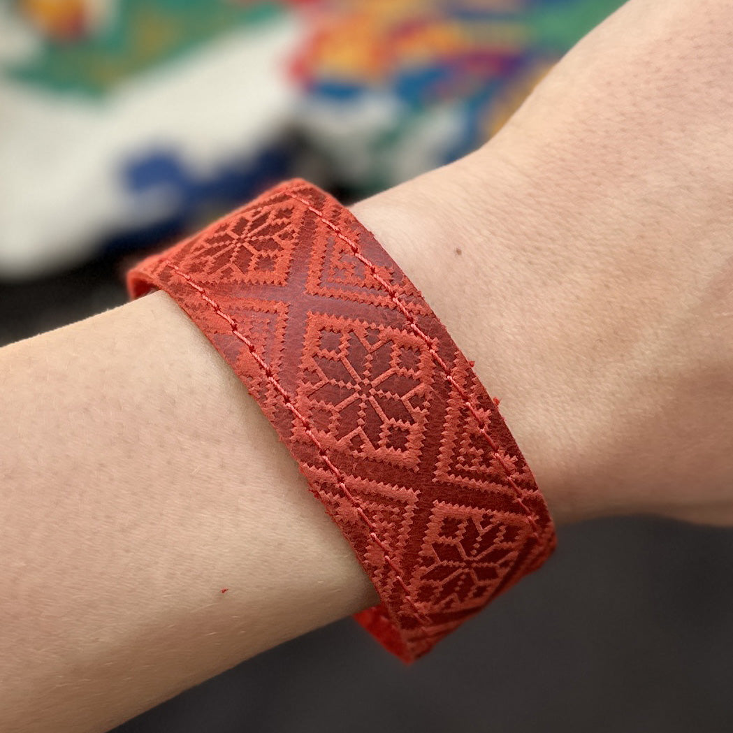 Ukranian Etno Leather Adjustable Bracelet Vyshyvanka Cultural Ornament
