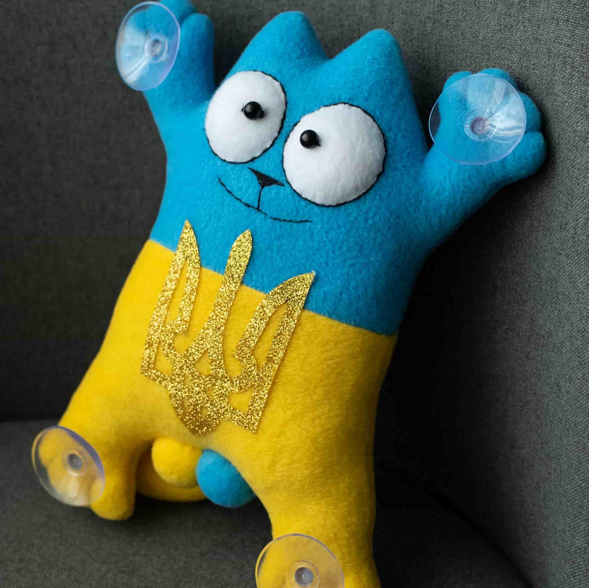 Ukranian Patriotic Yellow & Blue Cat Simon with Golden Trident and Glass Suction Cups