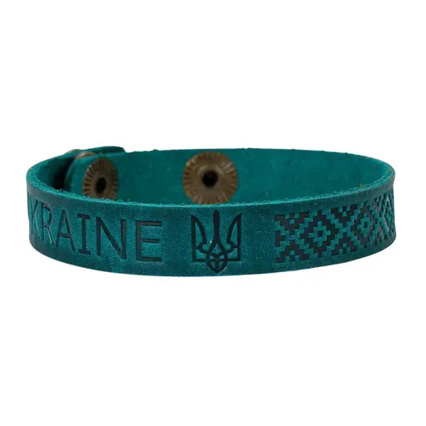 Ukranian Leather Adjustable Bracelet "Ukraine" with Trident and Etno Ornament