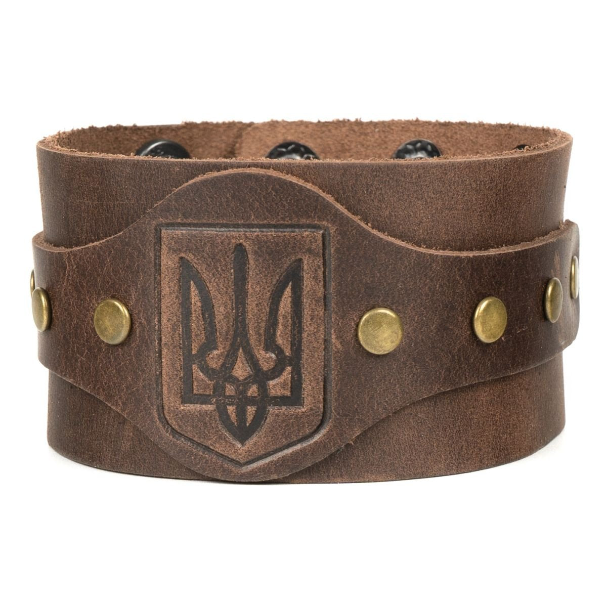 Ukranian Patriotic Etno Leather Wide Adjustable Bracelet with Trident