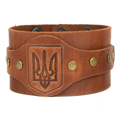 Ukranian Patriotic Etno Leather Wide Adjustable Bracelet with Trident