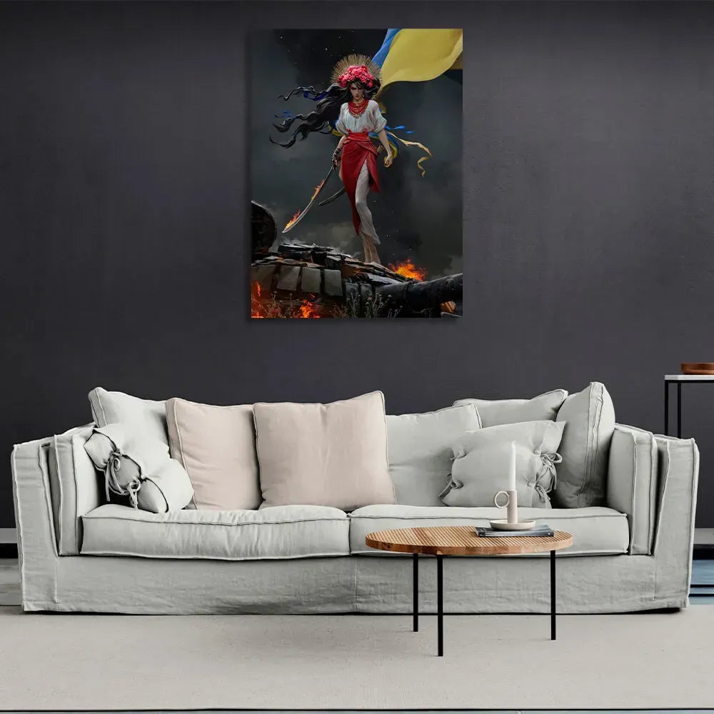 Ukranian Print Painting Eco Ink Wooden Subframe "Ukrainian Girl with Flug" 30x40 cm