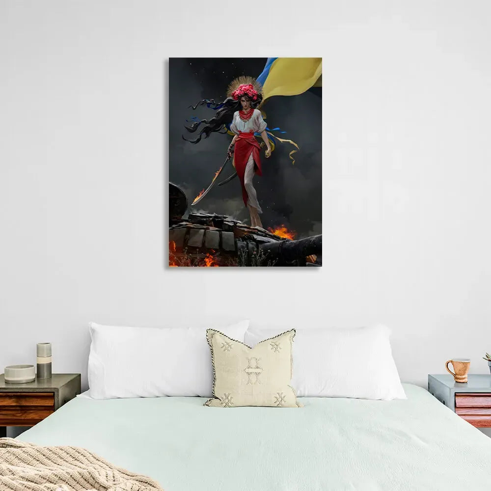 Ukranian Print Painting Eco Ink Wooden Subframe "Ukrainian Girl with Flug" 30x40 cm