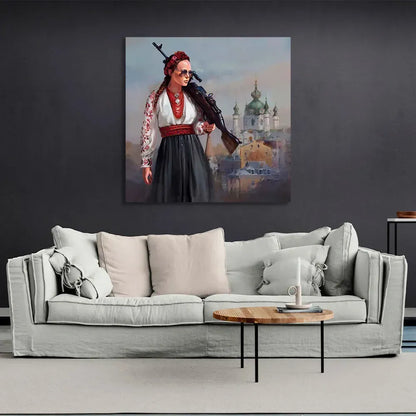 Ukranian Print Painting Eco Ink Wooden Subframe "Ukrainian Girl a Fighter"