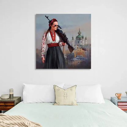 Ukranian Print Painting Eco Ink Wooden Subframe "Ukrainian Girl a Fighter"