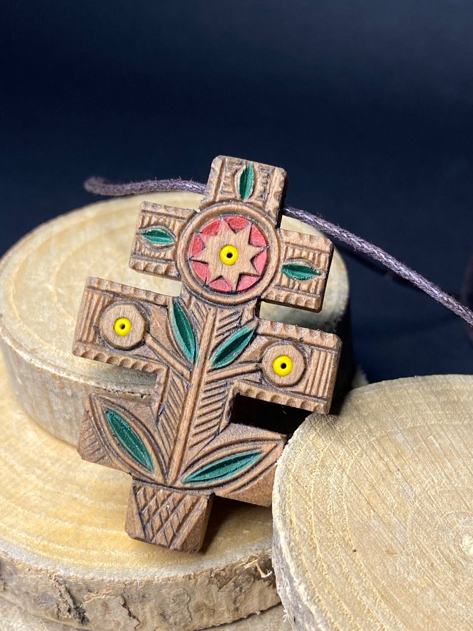 Ukranian Ortodox Traditional Handmade Wood Cross Flower from Hutsul Region Ukraine